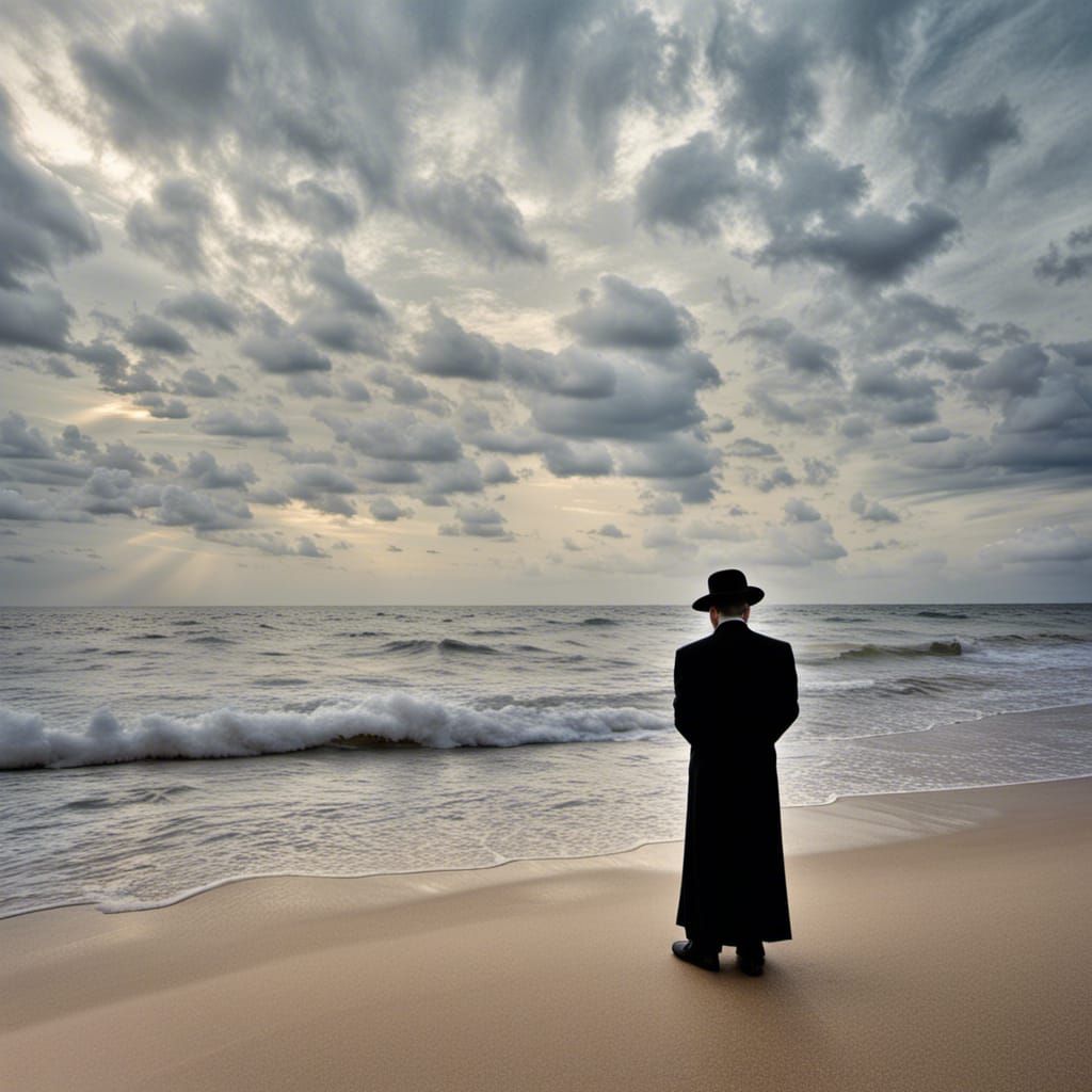 Rabbi Contemplates Sky on Beach