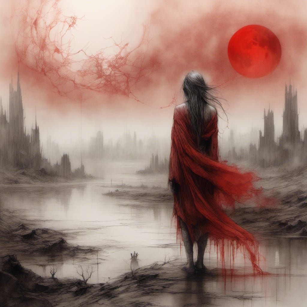 Dystopian Desert Oasis with Woman in Red Silk