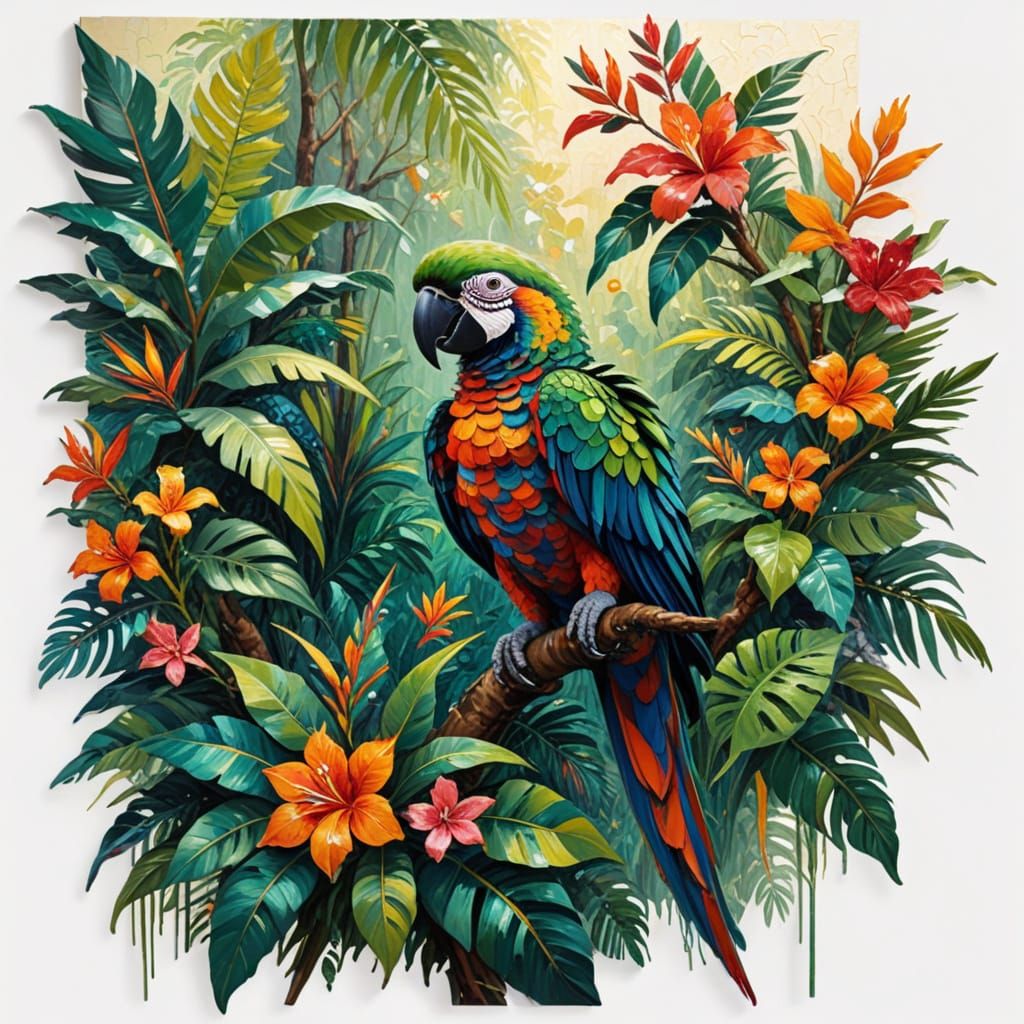 Exotic Tropical Haven with a Brilliant Parrot in a Vibrant O...