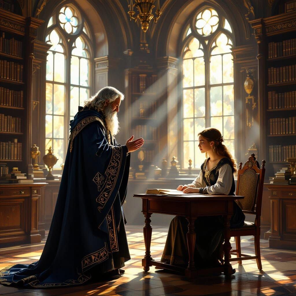 Archmage Bows to Woman in Tidy Library