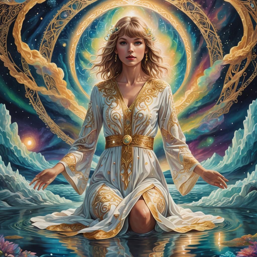 Golden Figure Under Northern Lights in Astral Art