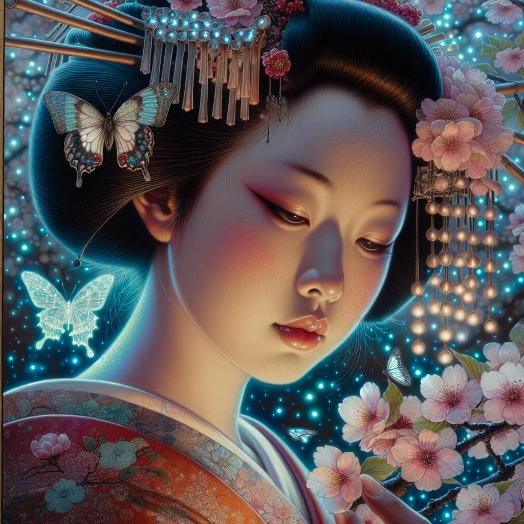 Enigmatic Geisha Portrait in Bioluminescent Sakura Garden