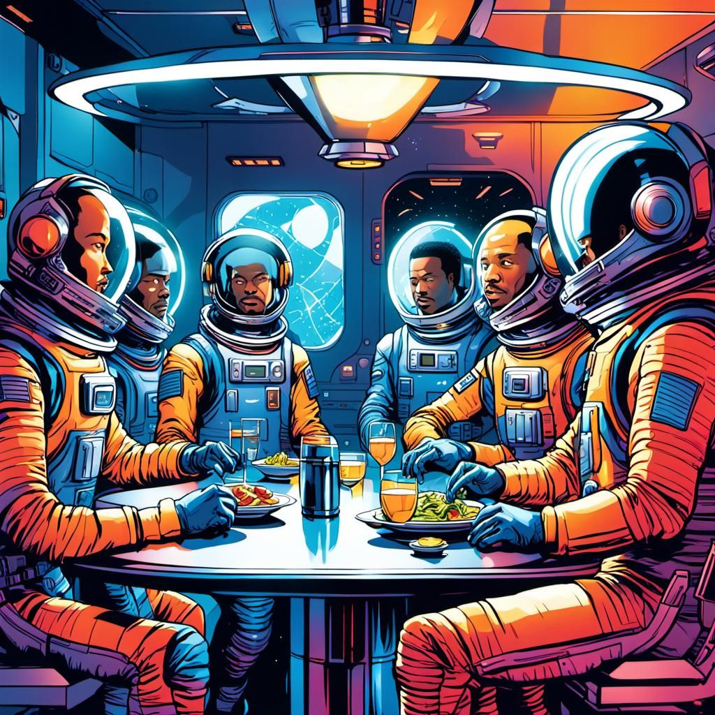 Astronauts' Futuristic Dinner in Comic Book Style