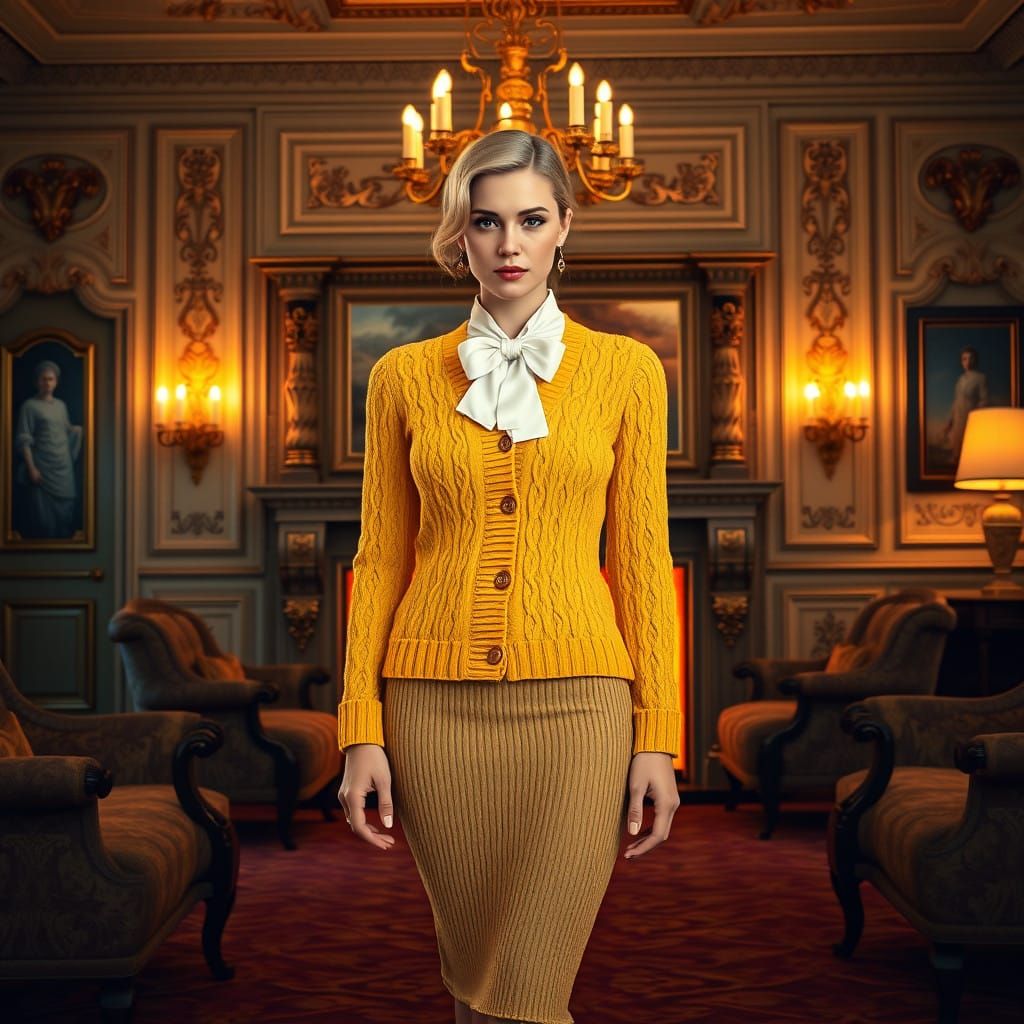 Elegant Blond Woman in Ornate Room with Golden Fireplace