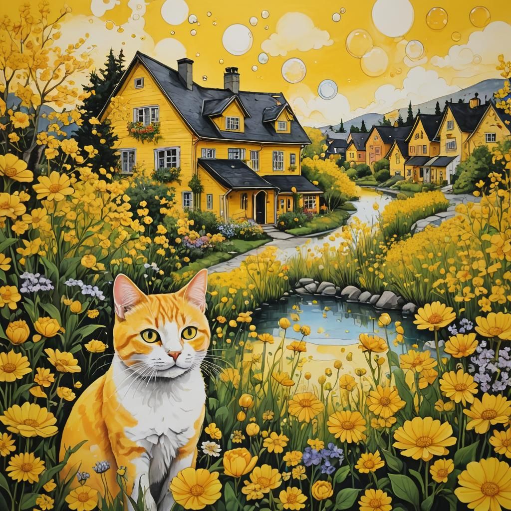 Joyful Yellow Dreamscape with Cat in Acrylic Style