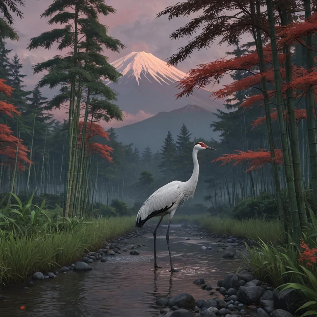 Crane in Bamboo Forest with Mt. Fuji: Hyperrealistic 3D