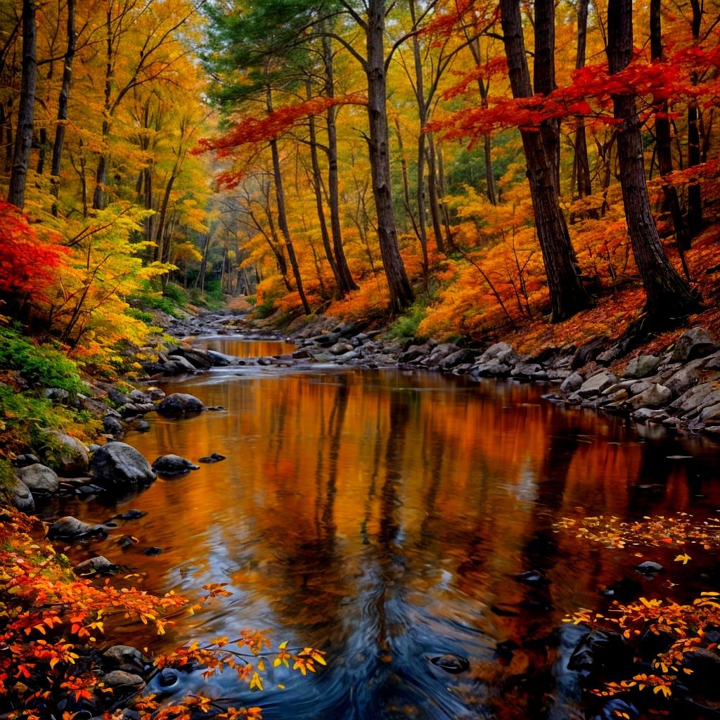 Autumn Stream Flowing Through Colorful Forest