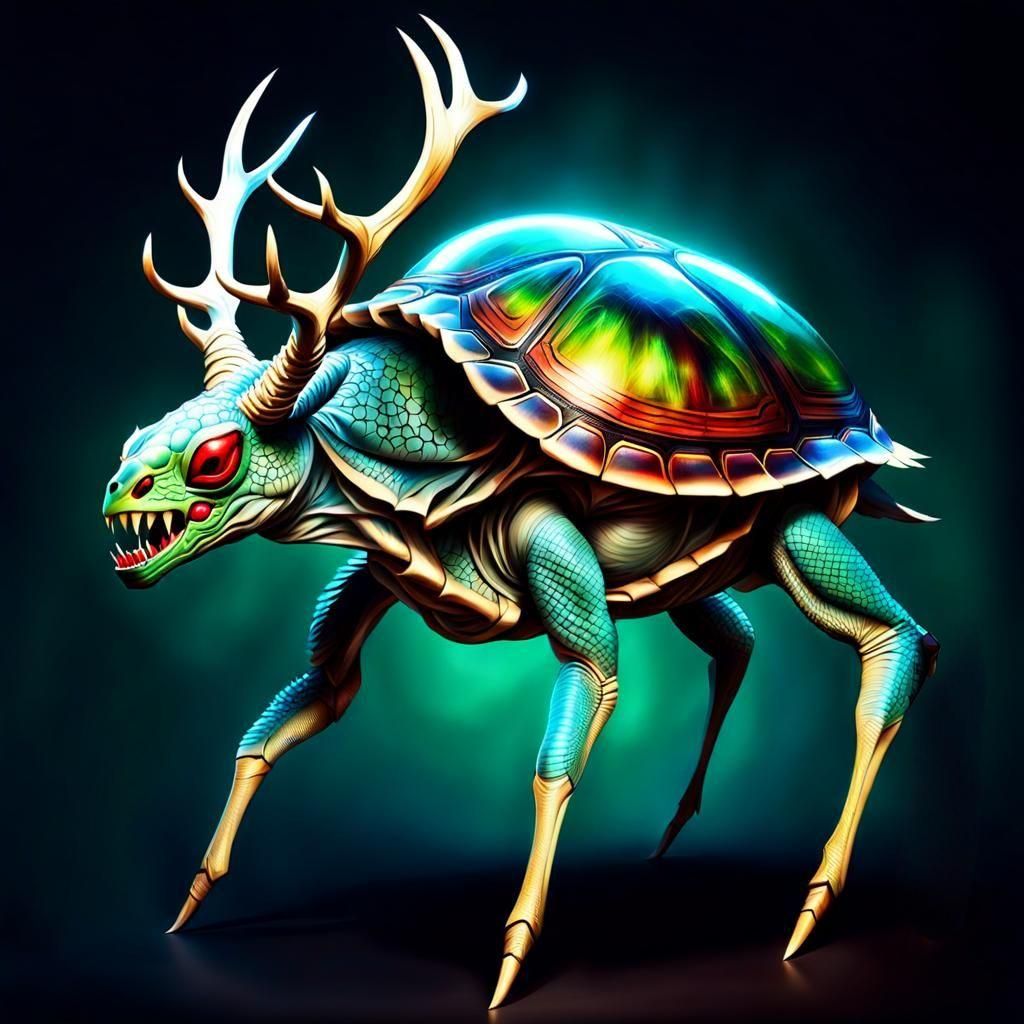 Hybrid Alien Creature with Turtle Shell and Antlers