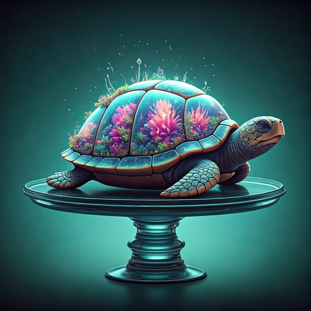 Bioluminescent Flora in Crystalline Turtle Shell Sculpture