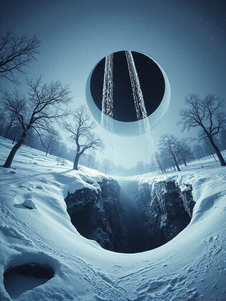 Surreal Winter Landscape with Upward Snowfall