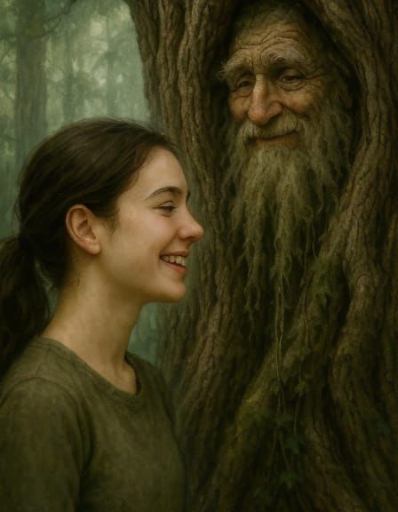 Young Woman and Ancient Tree Spirit