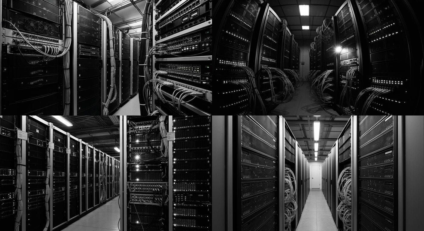 Monochrome Server Room in Cinematic Realism