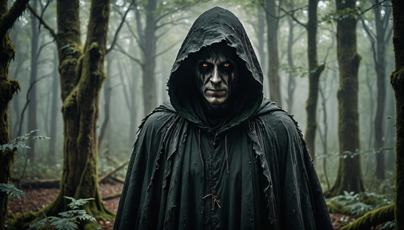Ethereal Wraith in Tattered Cloak Amidst Misty Forest