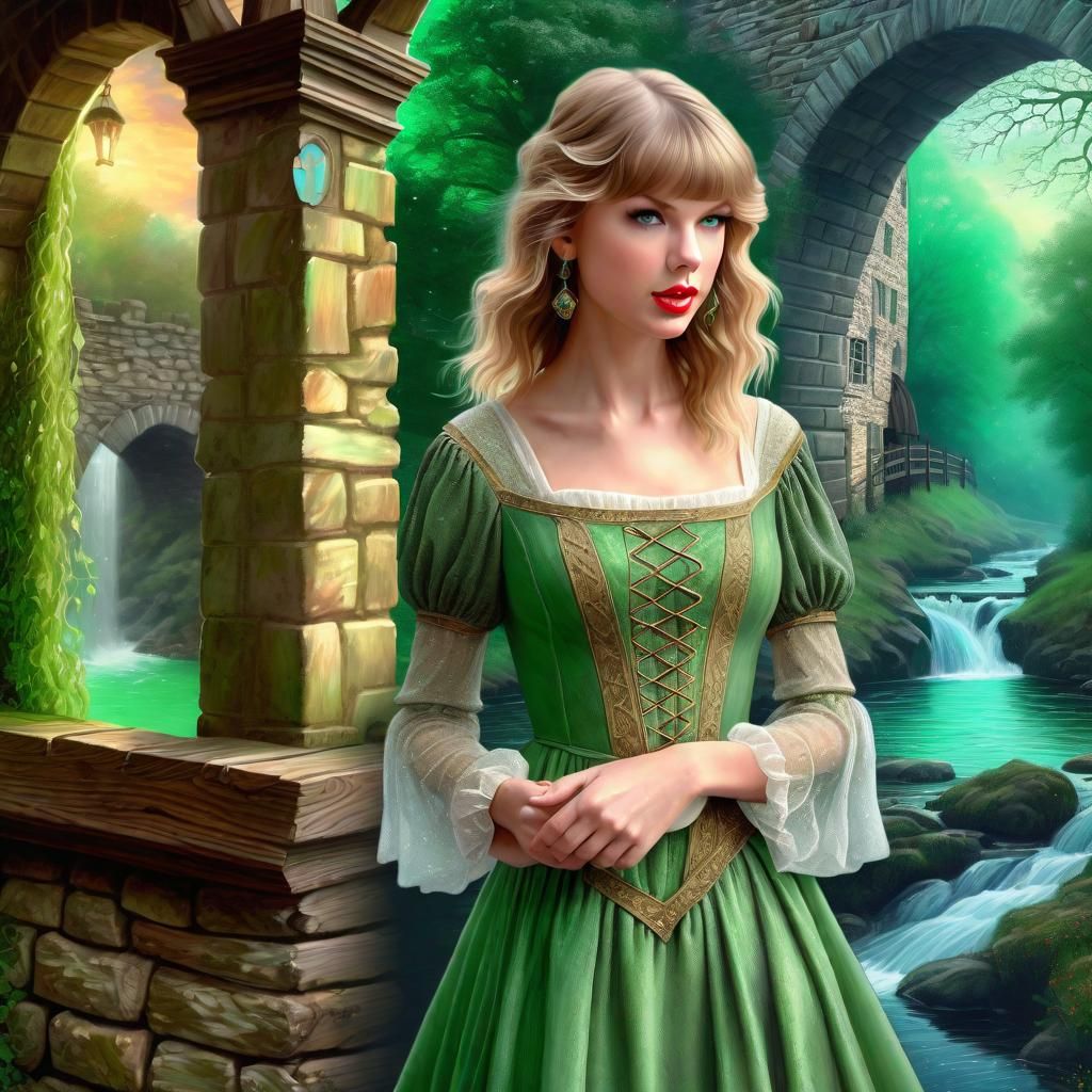 Taylor Swift Medieval Clothes in a medieval Fantasy World, Green Dress, Old Tree, Watermill, River, Head and Shoulders, ...