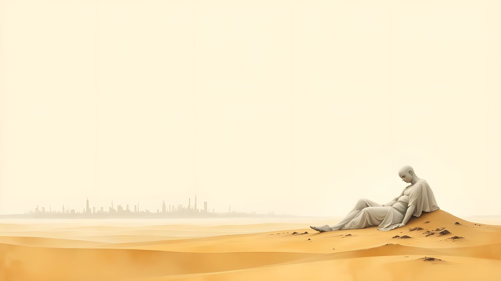 Minimalist Desert Statue with Distant City