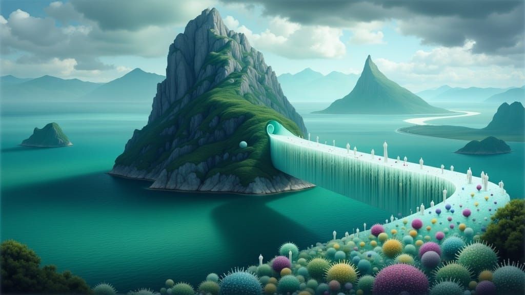 Emerald Ocean Monoliths Linked by Ethereal Glass Arch