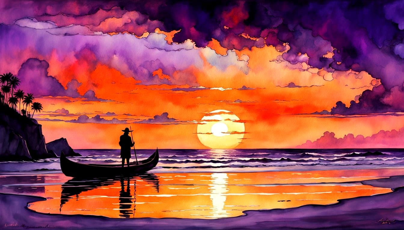Watercolor Sunset Masterpiece with Silhouetted Fisherman