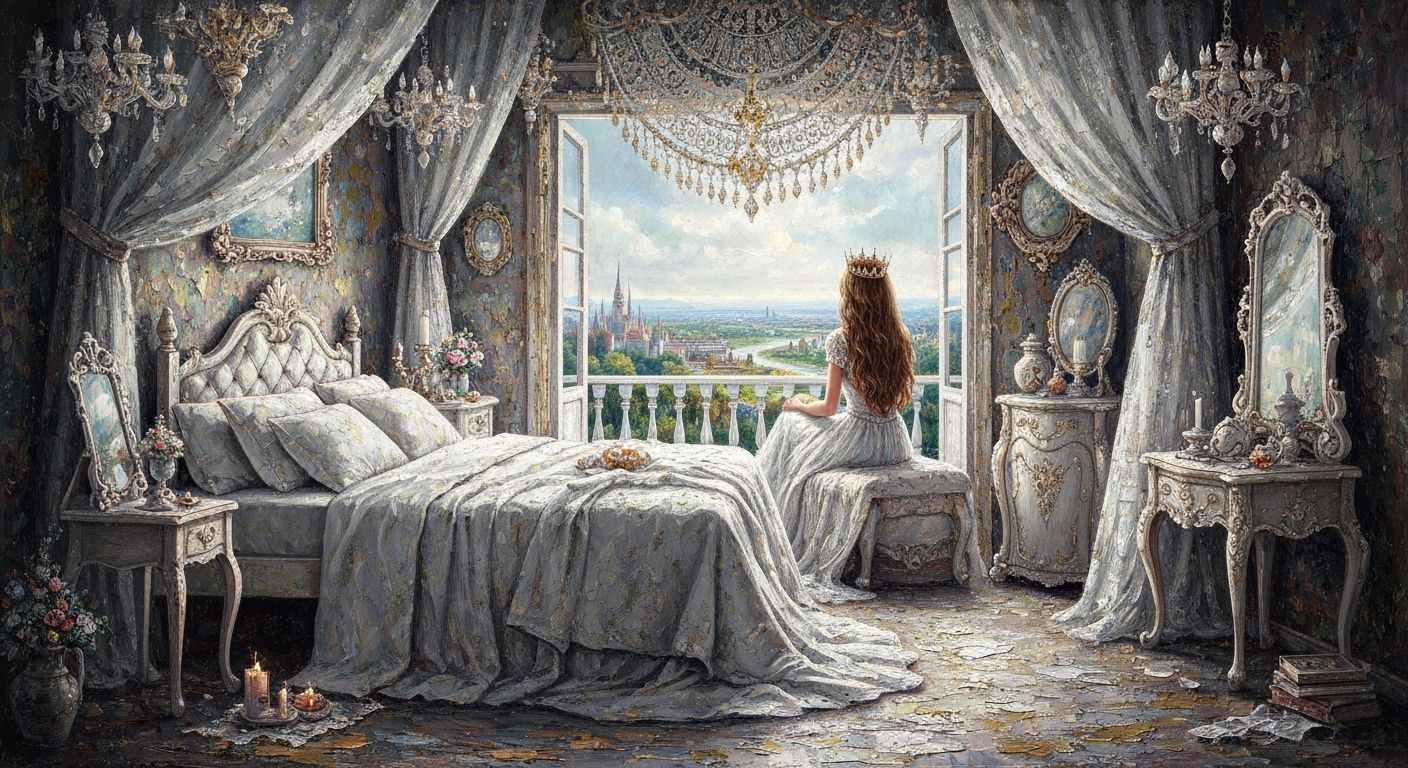Princess in Bohemian Room with Fantasy View as Impasto Paint...
