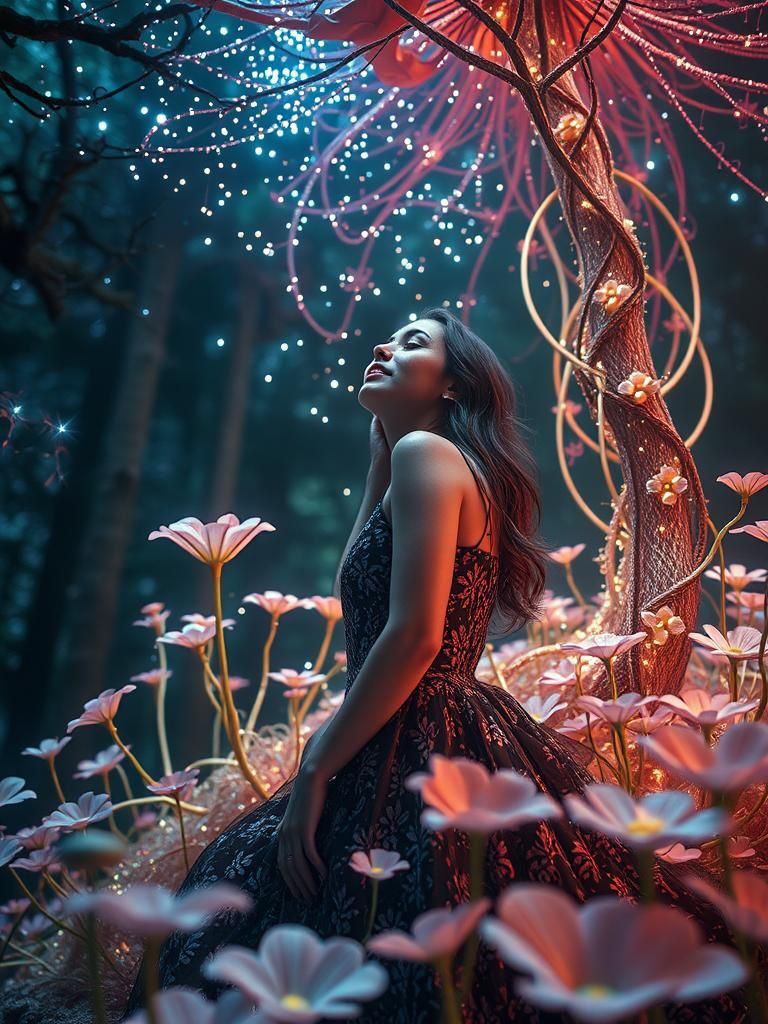 Woman in Stargazing Platform with Flowers, Octane Render