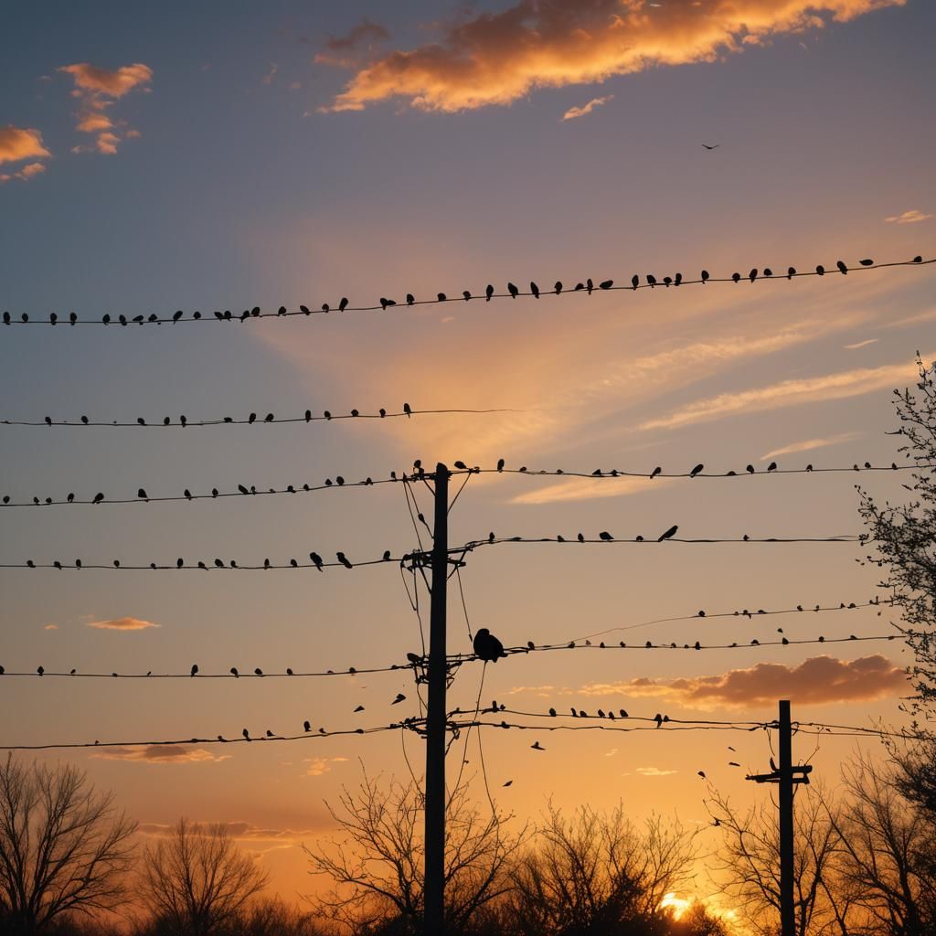 Birds on a Wire at Sunset: Hyperrealistic Landscape