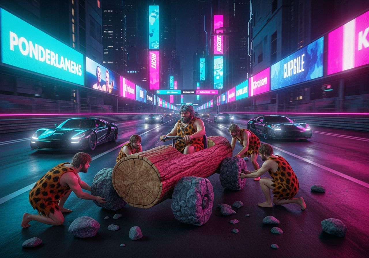 Caveman Log Car Race in Cyberpunk City