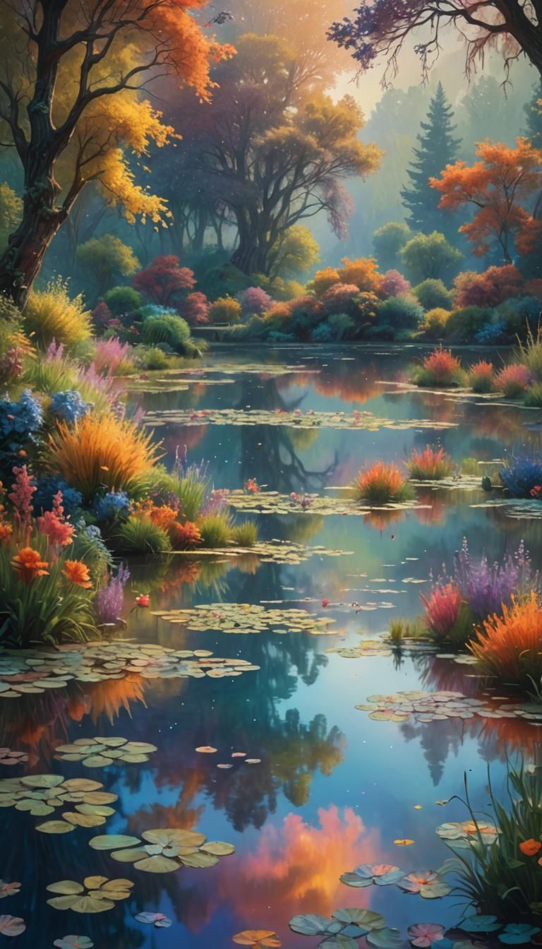 Rainbow Landscape Mirrored in Pond: Impressionist Digital Ar...