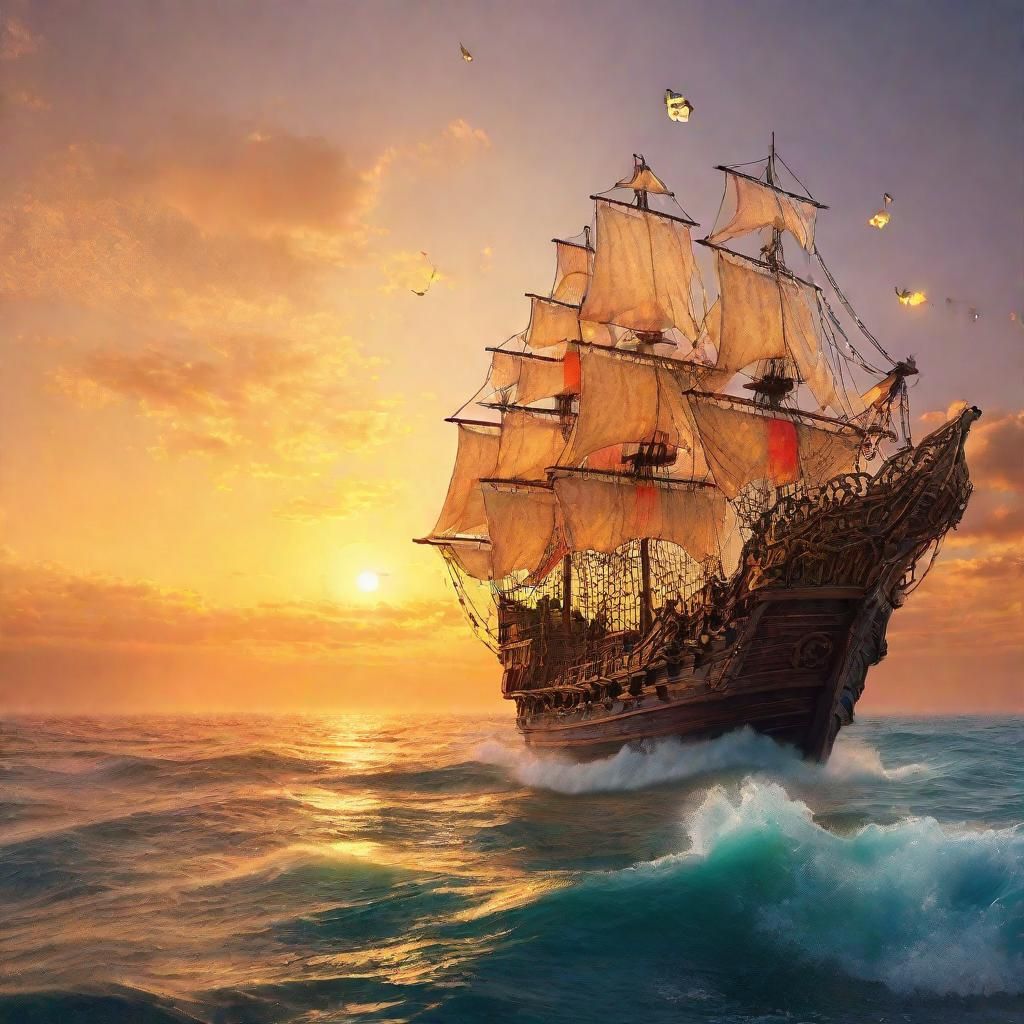 Magical Pirate Ship Sunset: Fantasy Concept Art