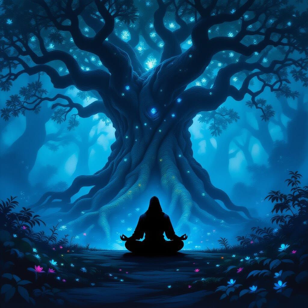 Ninja Meditating in Bioluminescent Forest Oil Painting