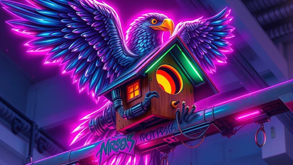 Futuristic Eagle Birdhouse with Neon and Holographic Details