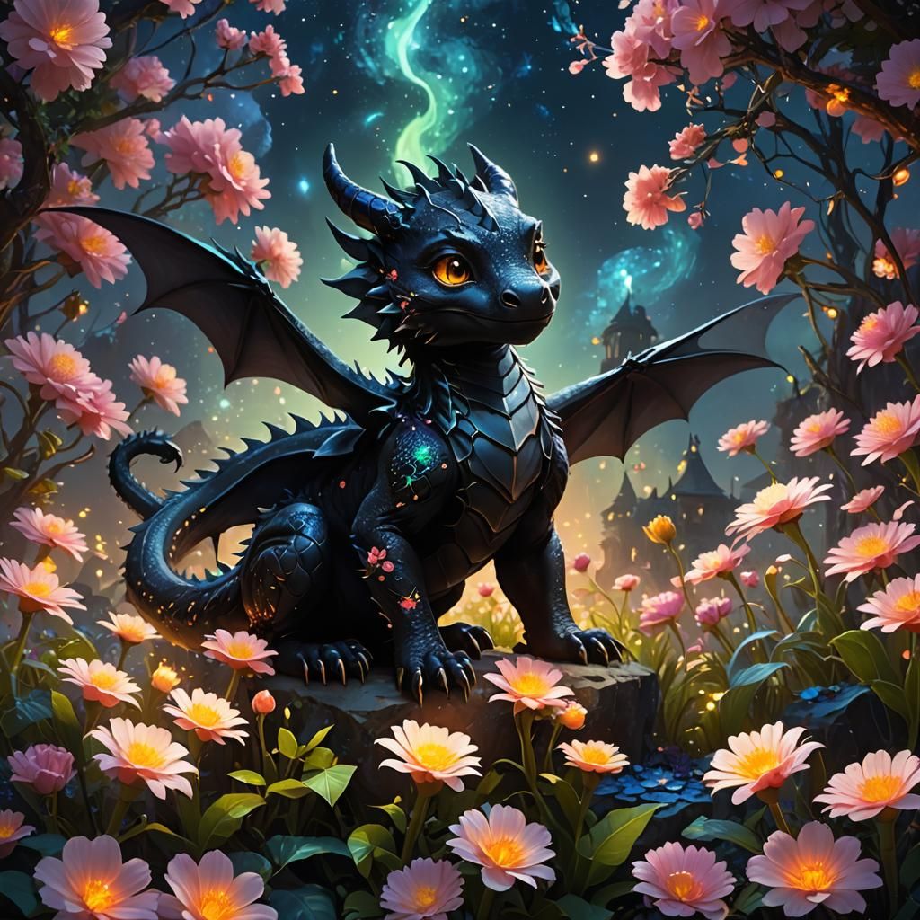 Black Baby Dragon and Pink Flowers