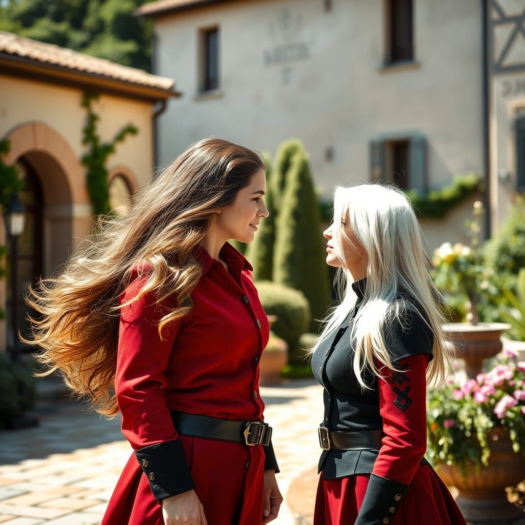 Romantic Musketeer Women in Tuscan Villa Garden