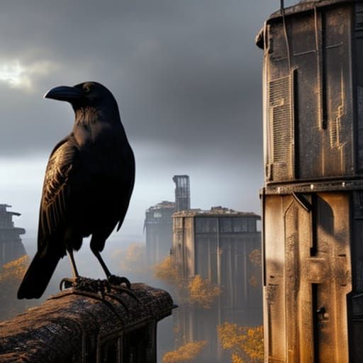 Raven in Autumn Woods with Futuristic Cityscape
