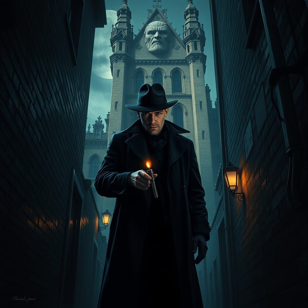 Gothic Detective Stands at the Threshold of a Dark and Foreb...