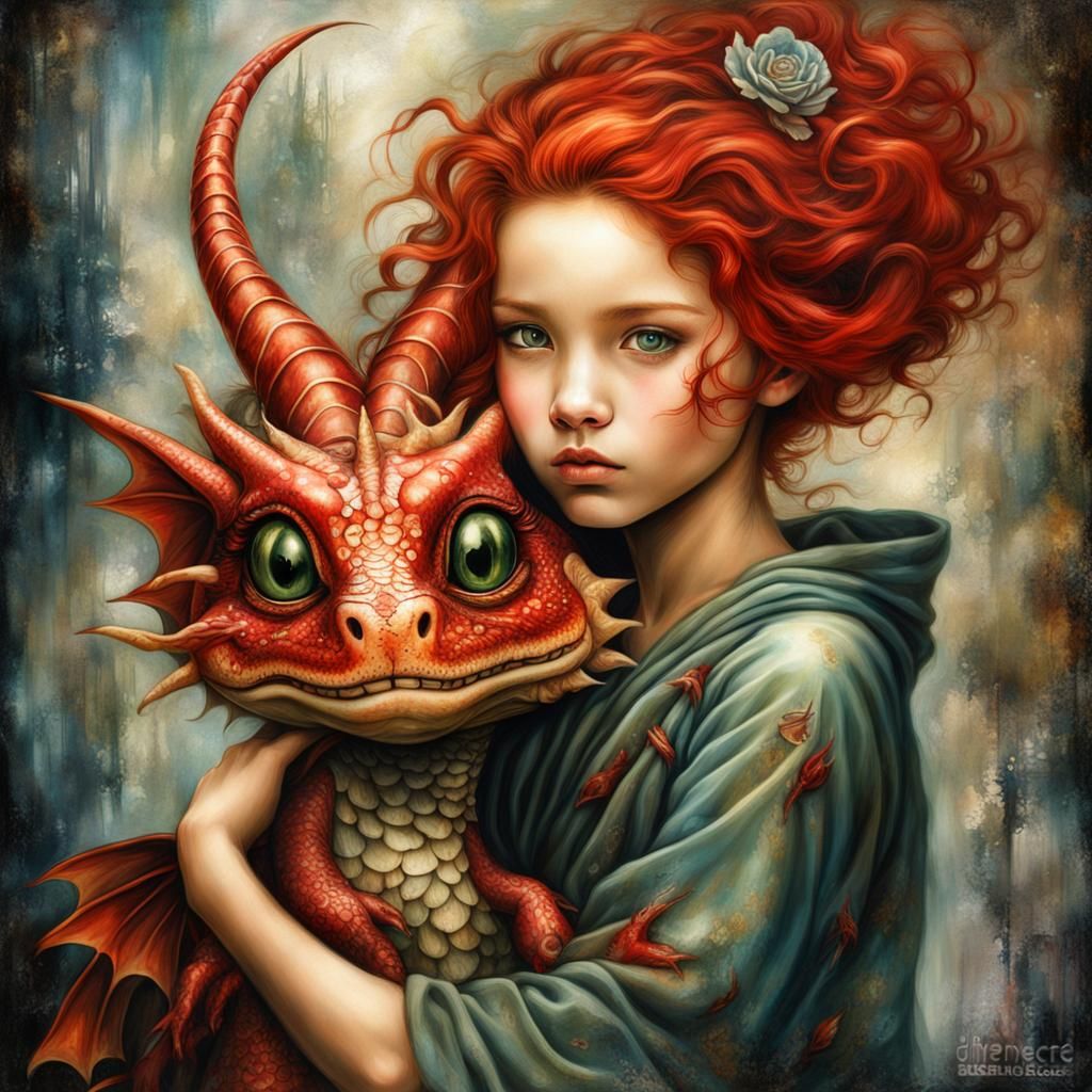 Dragon Girl Portrait in Dreamlike Grunge Style