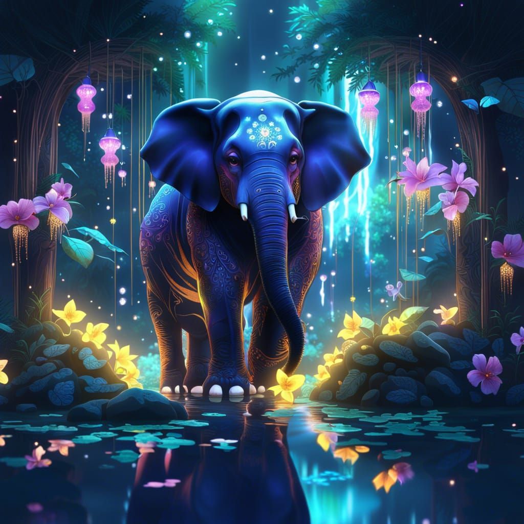 Iridescent Jungle Elephant in Anime Style