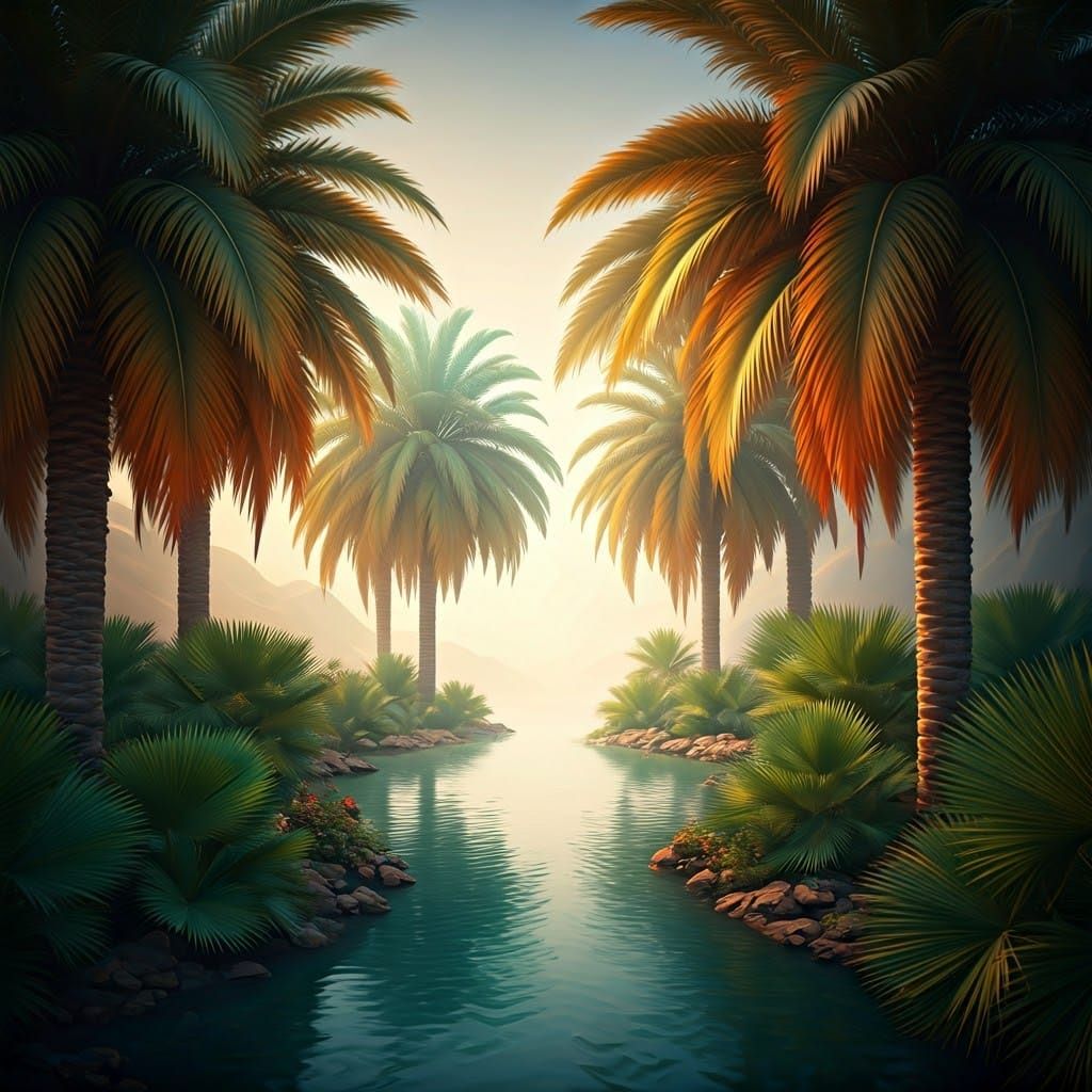 Hyperrealistic Desert Oasis with Mystical Fog