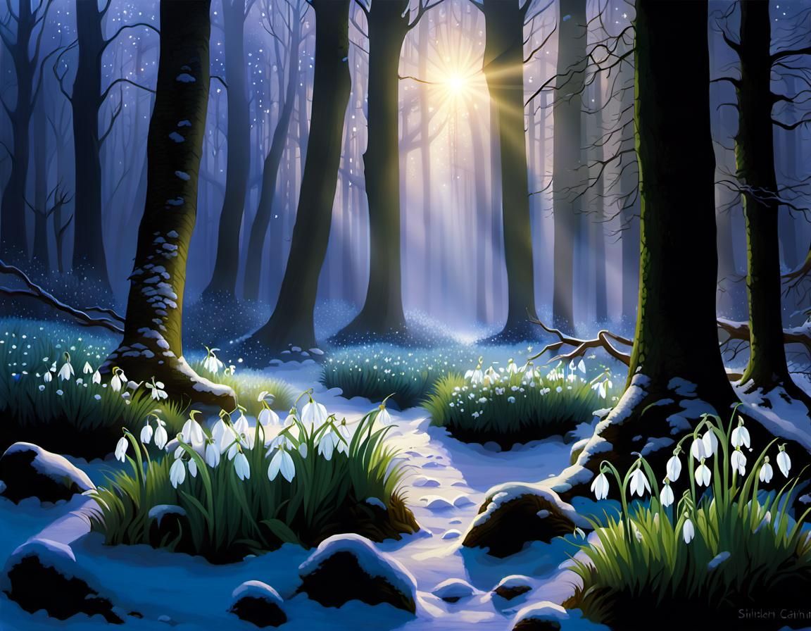 Mystical Spring Dawn: Snowdrops in Ethereal Forest