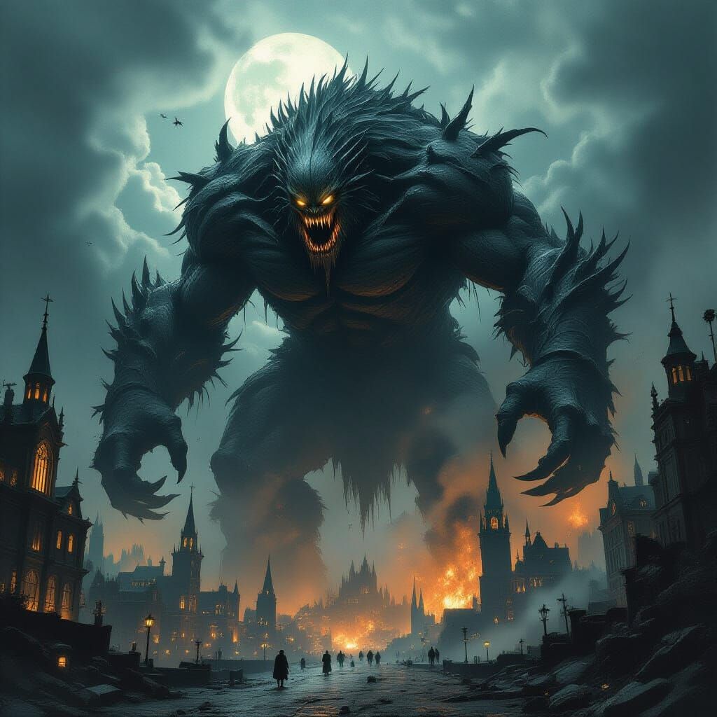 Monstrous Titan Destroys Gothic City in Dark Fantasy Style