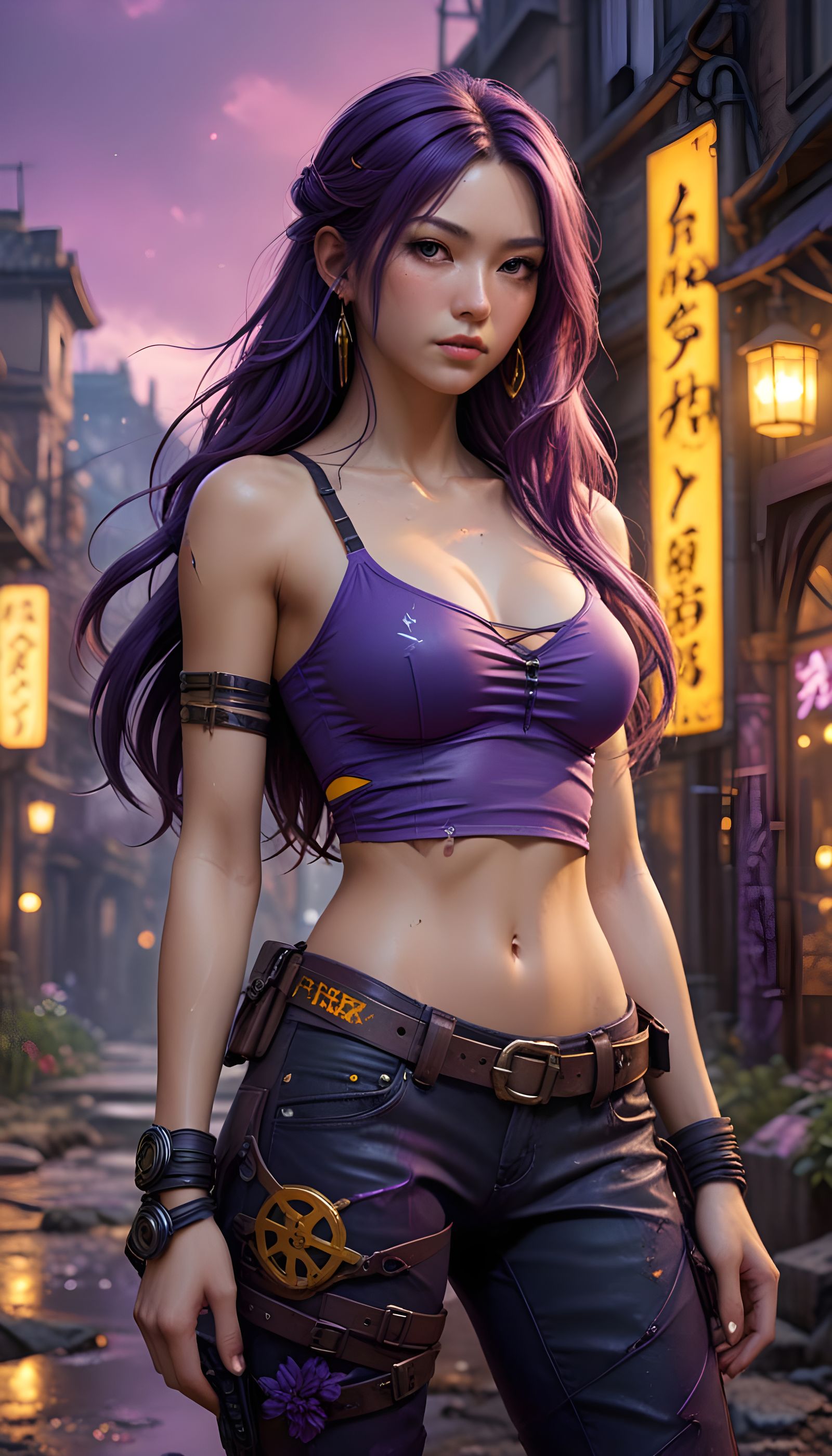 Confident Survivalist in Vibrant Purple Attire