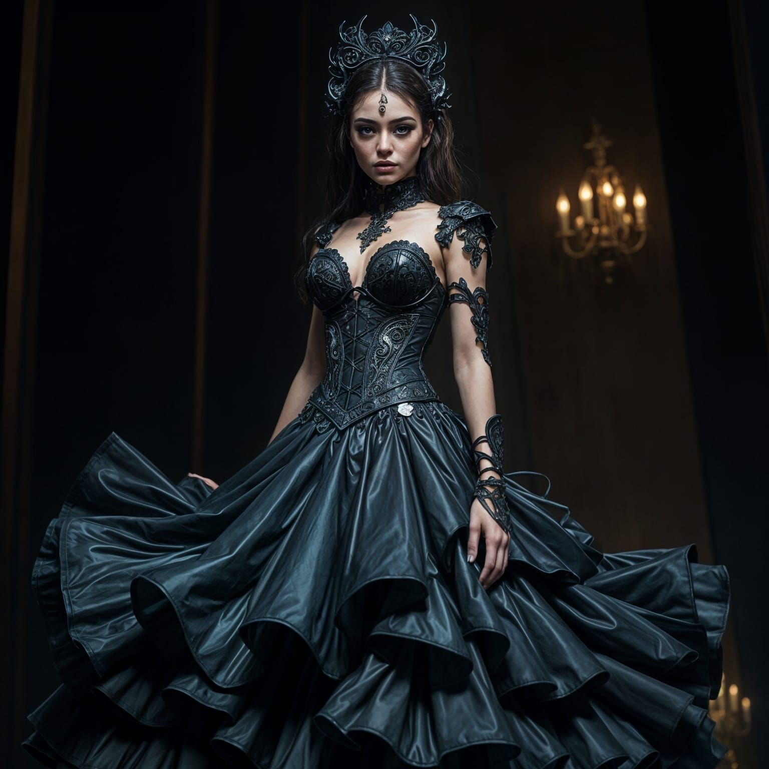 Hyperrealistic Woman in Intricate Latex Dress