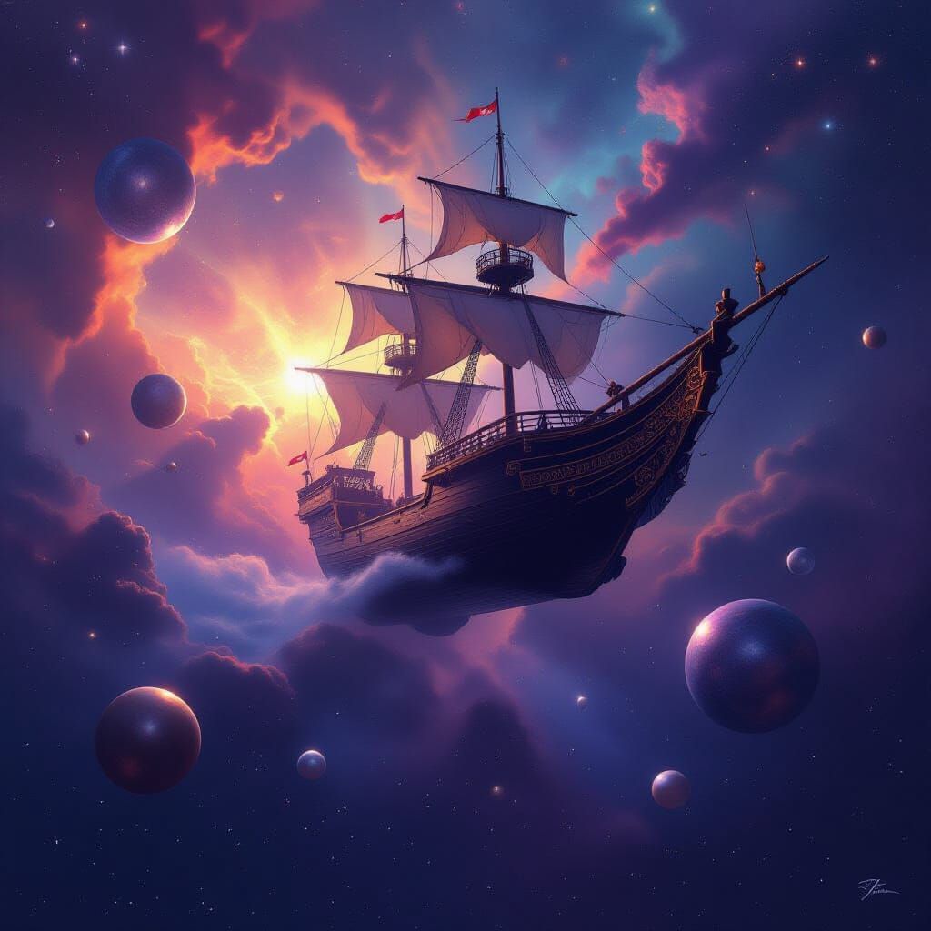 Obsidian Galleon Spaceship in Vibrant Nebula