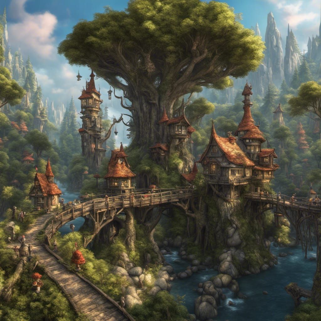 Gnomish Kingdom in Towering Trees: Hyperrealistic Scene