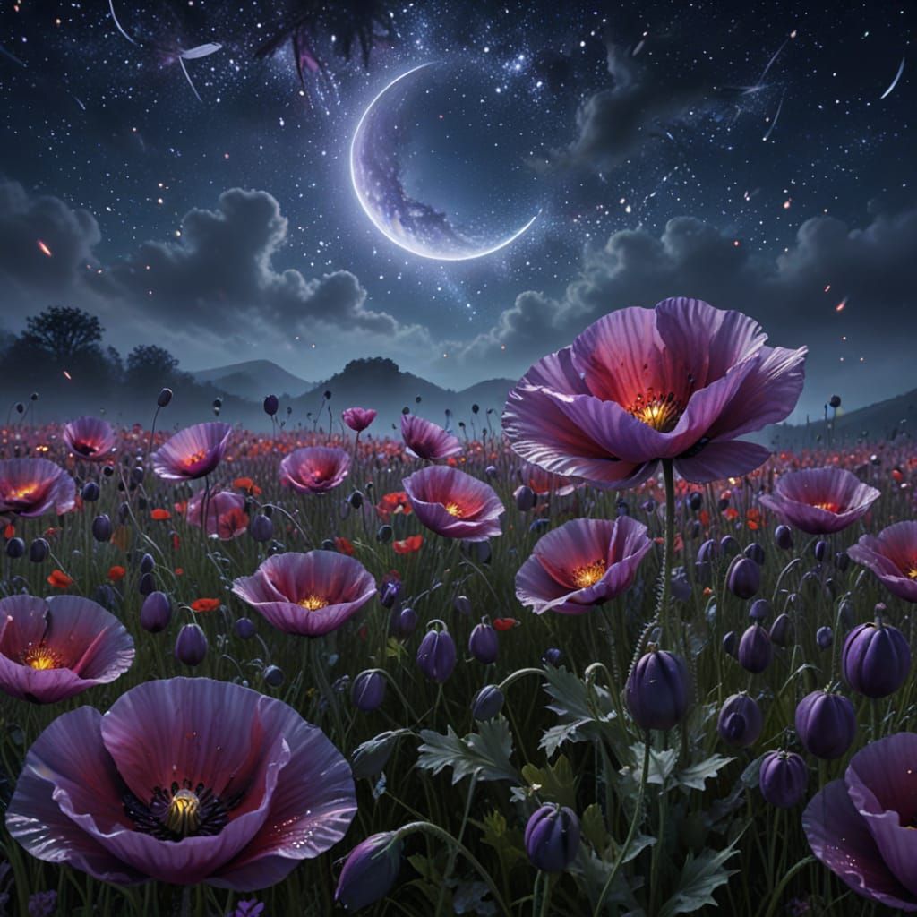 Poppy Field Under Starry Sky in Dreamlike Digital Art