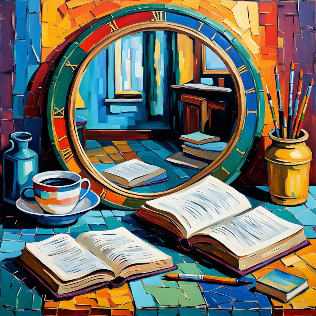 Clock, Mirror, and Book in Neo-Impressionist Style