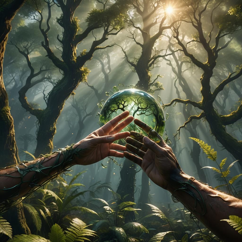 Transparent Hands Holding Forest and Animals