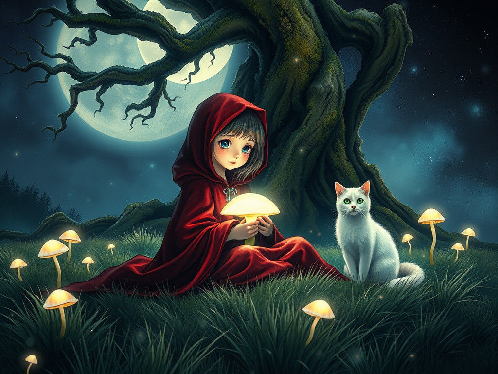 Mystical Girl with Glowing Mushroom in Dreamscape