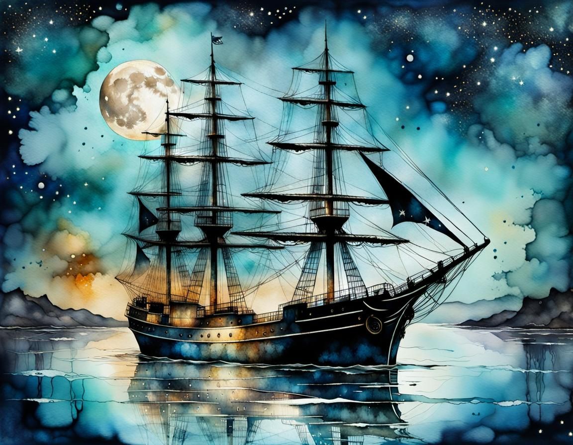 Majestic Ship Under Moonlight in Watercolor Style