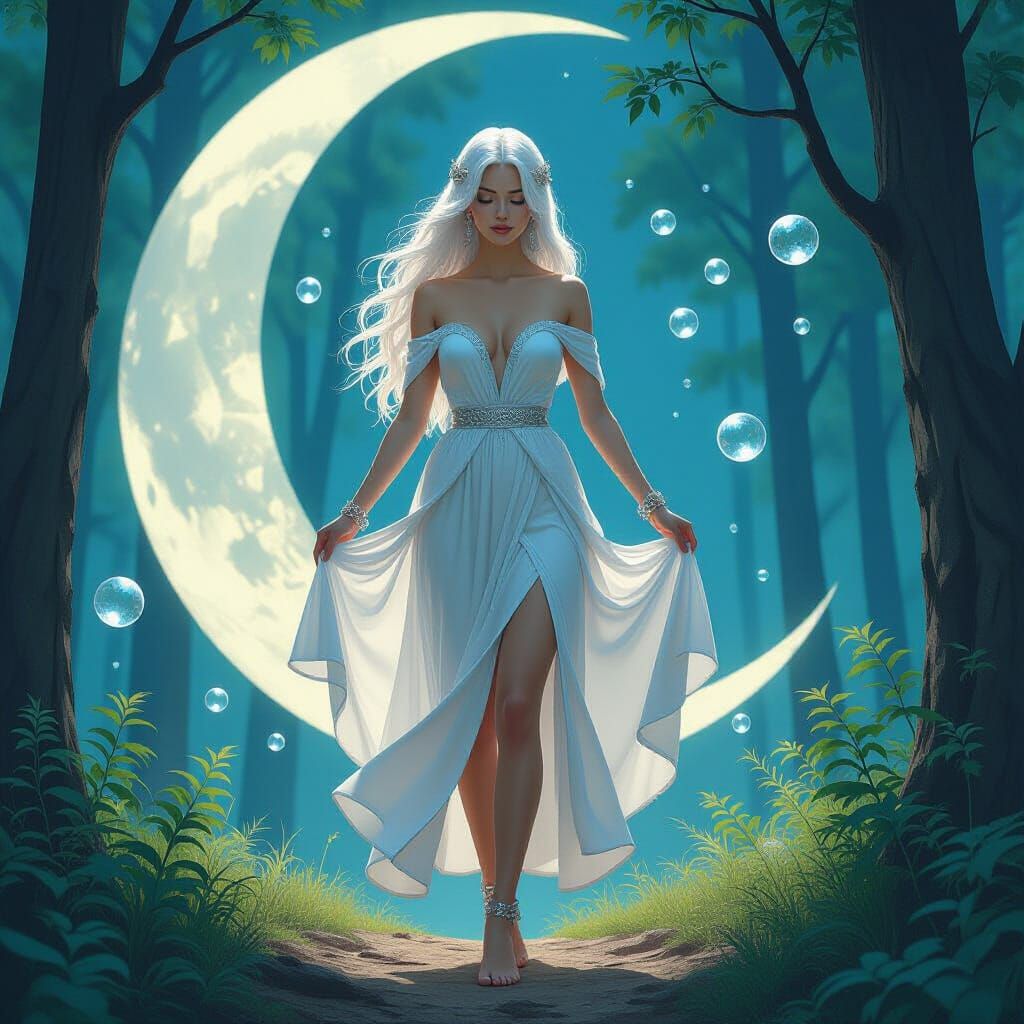 Ethereal Woman Steps from Moon into Forest