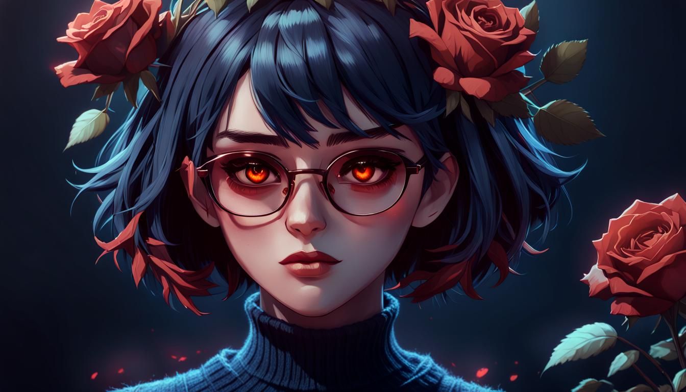 Gothic Anime Woman with Rose Crown and Red Eyes