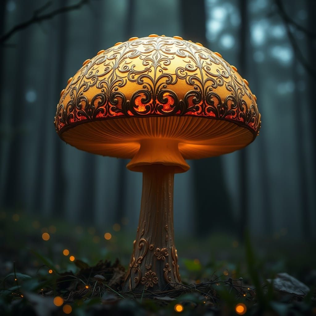 Ethereal Gold Mushroom in Art Nouveau Style